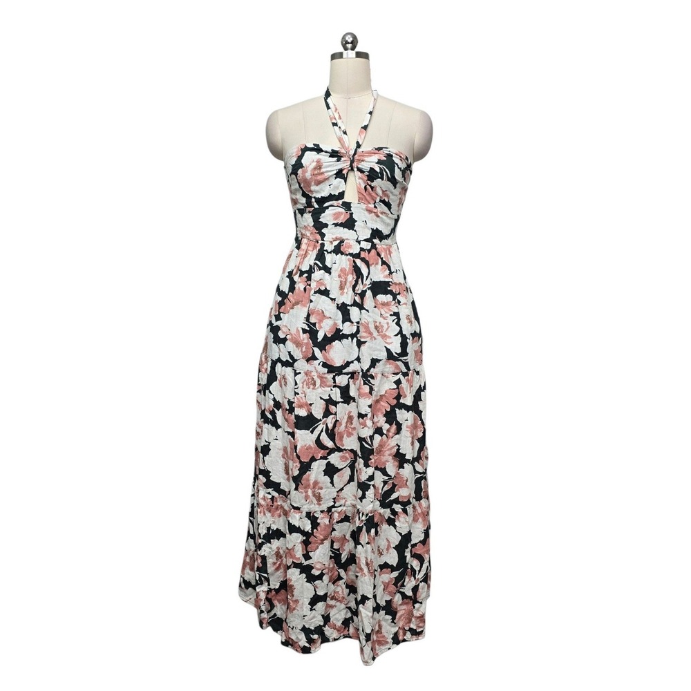 Abercrombie & Fitch Floral Linen Blend Halter Cutout Tiered Maxi Dress XS Green